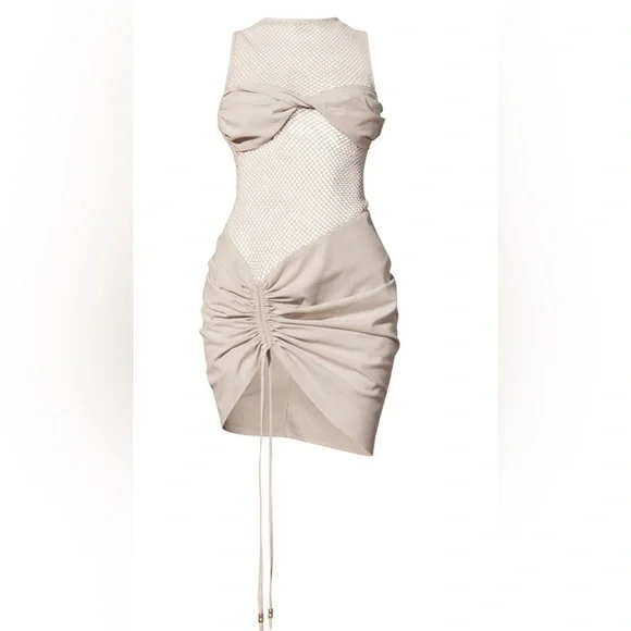 PLT Label Off White Sheer Panel Detail Ruched Bodycon Dress - Picture 3 of 5